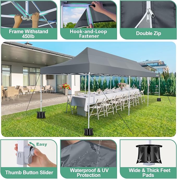 COBIZI 10x30 Canopy Tent, Heavy Duty Pop up Canopy with Sidewalls, Waterproof Easy Setup Canopy with Mosquito Netting, Outdoor Instant Screen Tents for Parties, Wedding with Roller Bag, Gray