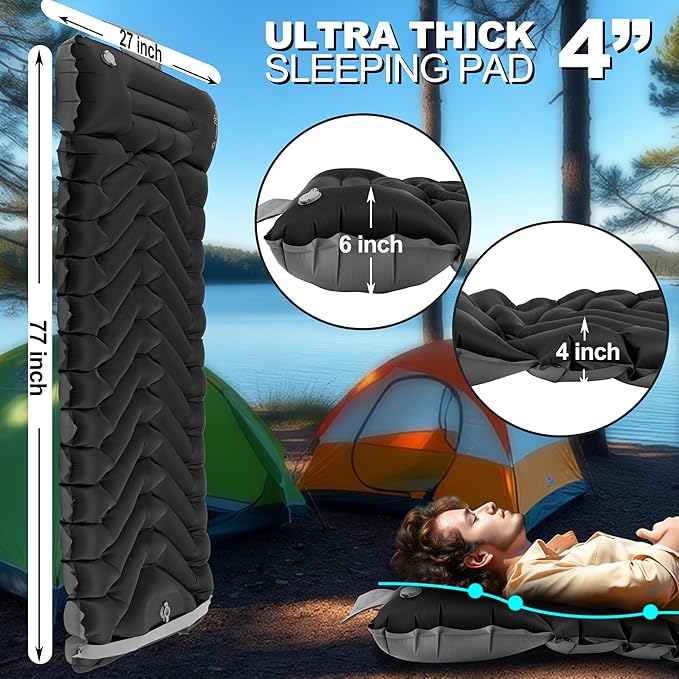 Sleeping Pad with Pillow, Self Inflating Extra-Thick, Ultralight Sleeping Mat, Built-in Pump, Ultimate for Camping, Hiking, Traveling, Airpad, Carry Bag, Compact & Lightweight Air Mattress (Black)