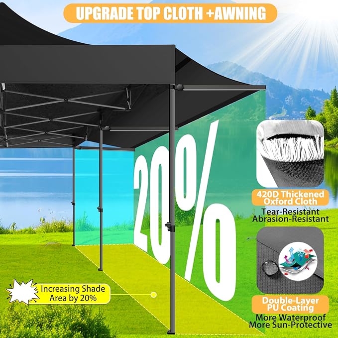COBIZI 10x20 Pop Up Canopy Tent with Awning,Heavy Duty Canopy UPF 50+ All Season Wind Waterproof Commercial Outdoor Street Vendors Party Tents for Parties Canopy with Roller Bag(10 x 20 ft Black)