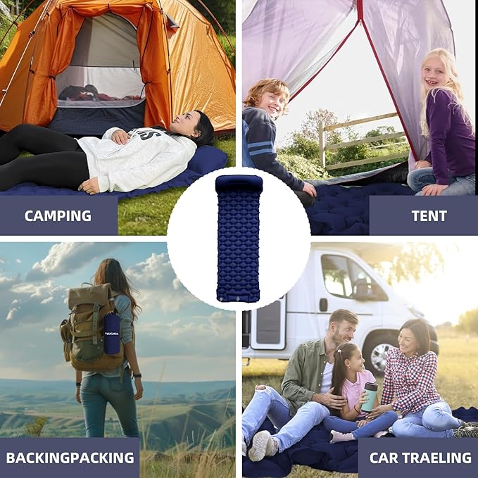 Inflatable Sleeping Pad with Pillow for Camping-Built in Fast Inflation-Ultralight Upgraded Durable Compact Sleeping Mat Moisture Proof Air Mattress for Camping, Backpacking,Hiking,Travel,Tent