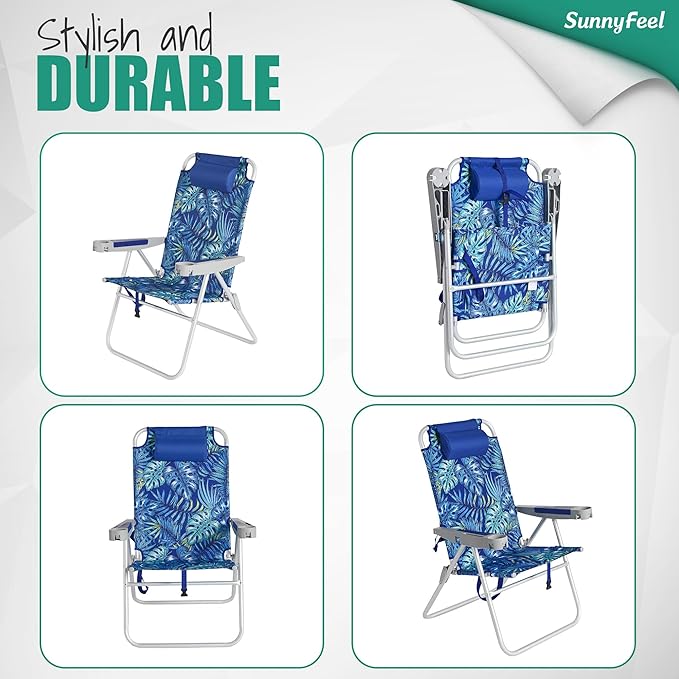 SUNNYFEEL 17" Tall Oversized Beach Chairs 2 Pack for Adults Heavy Duty 500 LBS, 5 Position, Portable High Folding Camping Chair with Cup Holder for Outdoor/Lawn/Trip, Foldable Sand Chairs for Adults
