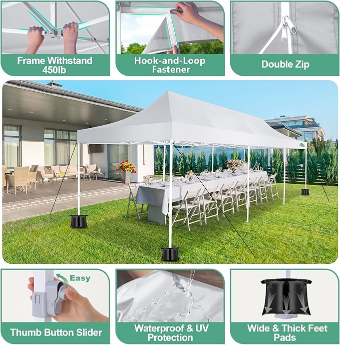 COBIZI 10x30 Canopy Tent, Heavy Duty Pop up Canopy with Sidewalls, Waterproof Easy Setup Canopy with Mosquito Netting, Outdoor Instant Screen Tents for Parties, Wedding with Roller Bag, White