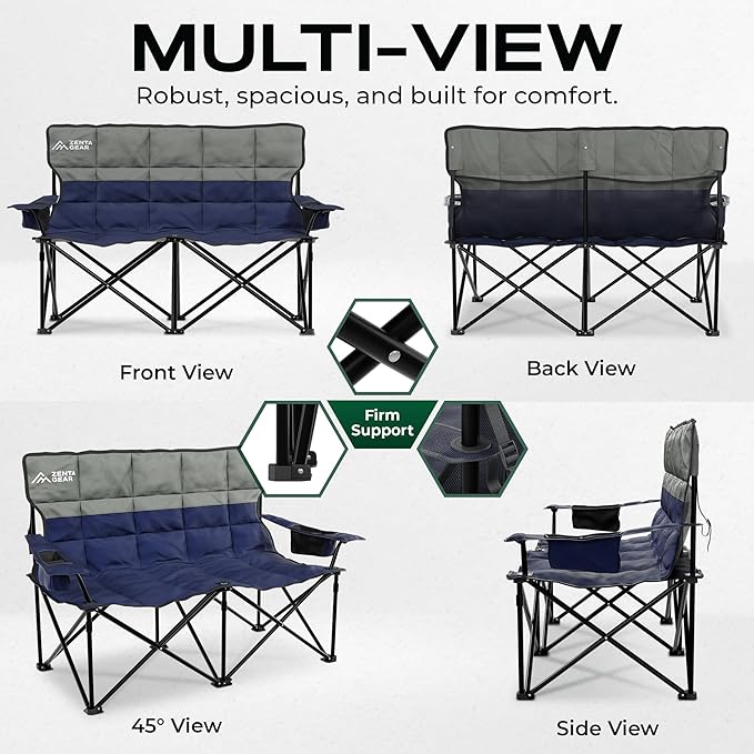 Oversized Fully Padded Double Camping Chair, Portable Folding Loveseat w/Side & Back Pockets, Adjustable Armrests, Double-Sized Cup Holders for Outdoor, Indoor, Supports 530LBS (Dark Navy)