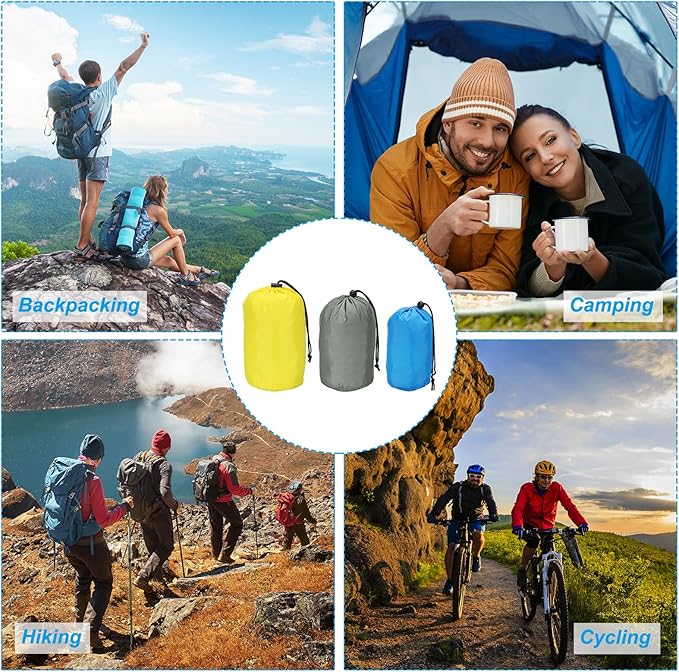 PATIKIL Stuff Sack, 3 Pack Assorted S/M/L Waterproof Outdoor Storage Sack Portable Drawstring Dust Flap Bag for Camping, Sky Blue, Gray, Yellow