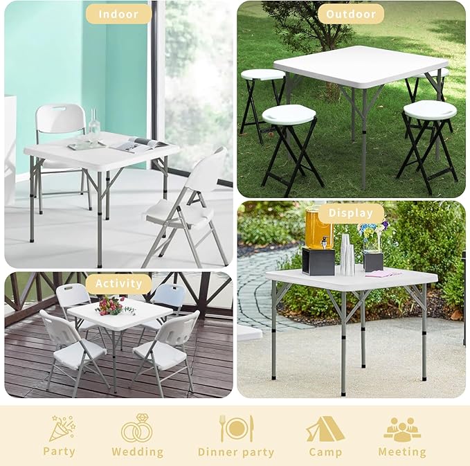Set of 2 Square Folding Table 34in Multi-Functional Portable Folding Card Table with Carrying Handle for Indoor Outdoor Camping,Picnic, Office, Party Use HDPE Plastic Tabletop with Metal Frame(White)