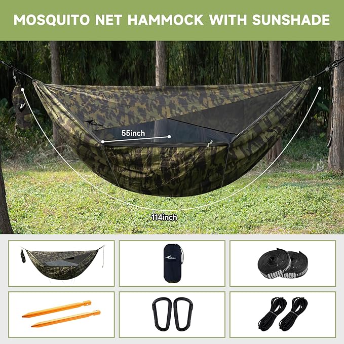 Camping Hammock with Mosquito Net and Sunshade, Backpacking Hammock with Ridge Rope Tree Straps, Lightweight Portable Hammocks for Outside, Hiking, and Travel