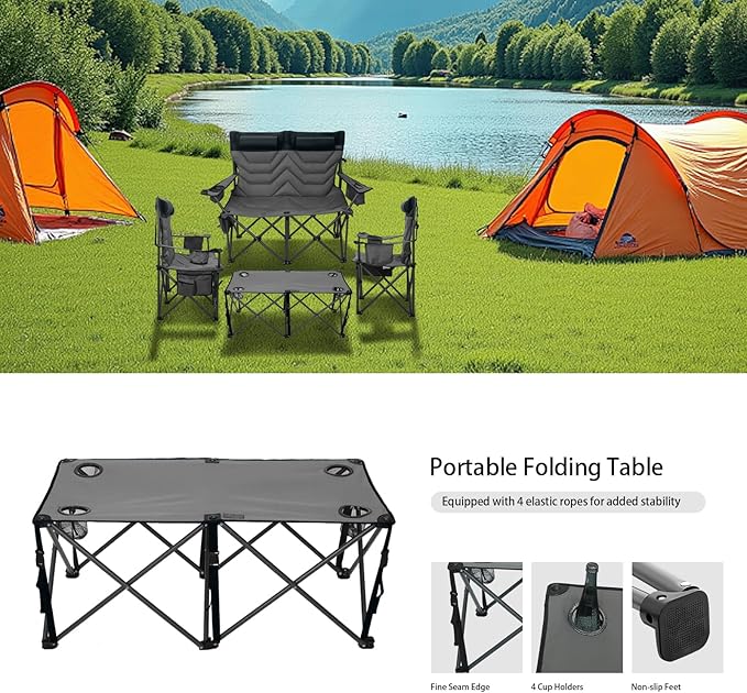 Oversized High-Back Camping Chairs with Pillow, Dual Cup Holders & Cooler Bag - Heavy Duty Foldable Outdoor Chair for Adults4PC (1, BLACKGREY-4PC-SET)