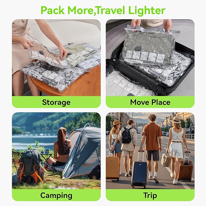 12 Pack Vacuum Travel Bags with Pump for Clothing with USB and TYPE C Pump,Carry-on Size Space Saver vacuum seal bags for clothing Storage Bags for Vacation Cruise(Green)