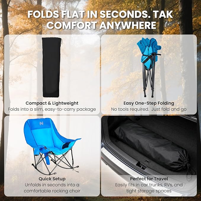 Begonia.K Oversized Heated Rocking Camping Chair - 400lbs Capacity Padded Camping Recliner w/ 3 Levels Back Seat Heat - Folding Lawn Chair with Side Pockets for Camp Patio Backyard
