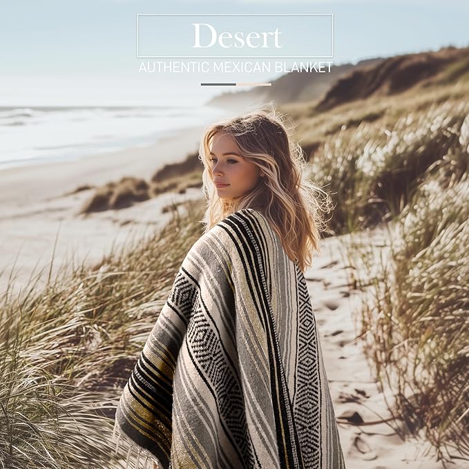 Authentic Large Handwoven Mexican Blanket - Soft Yoga- Durable Serape- Lightweight Falsa, Beach, Camping, Picnic, Outdoor Blanket 70"x50" - Desert