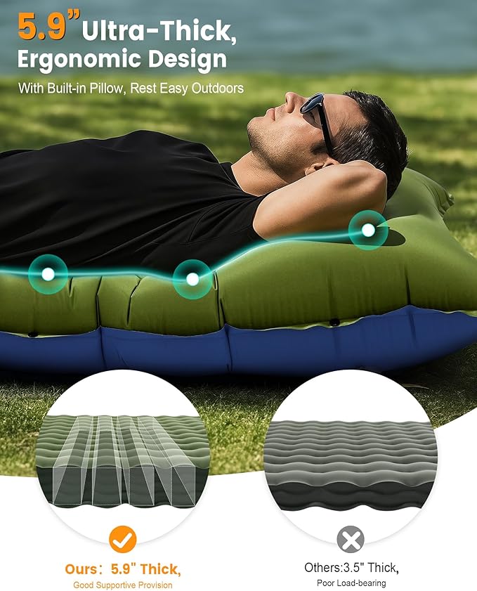 Camping Sleeping Pad,5.9 Inch Thick Camping Mat with Built in Pillow and Foot Pump,Self Inflating Sleeping Pad Ultralight for Camping Backpacking Tent(Green