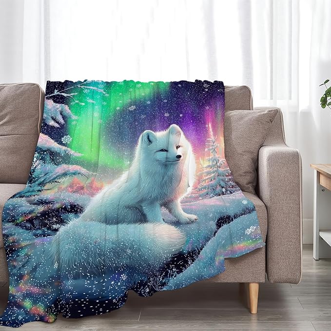 White Fox Blanket Winter Aurora Night Animal Throw Blankets Gifts for Girls Boys Kids Fox Lover Soft Cozy Fleece Plush for Couch Sofa Bed 50"x40"