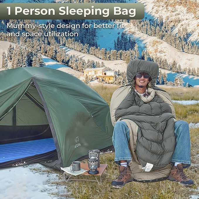 ATEPA 0 Degree Sleeping Bag, 700FP 23℉ / 30.2℉ Down Mummy Cold Weather Double Lightweight Wide XL Sleeping Bags with Compression Sack for Camping Backpacking Hiking