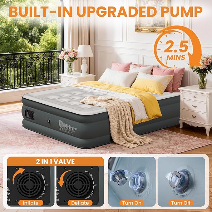 Full Air Mattress with Built-in Pump, 18 Raised Inflatable Air Mattress, 600 lbs Max Honeycomb Comfortable Air Bed with Storage Bag, for Camping, Home and Guest Use