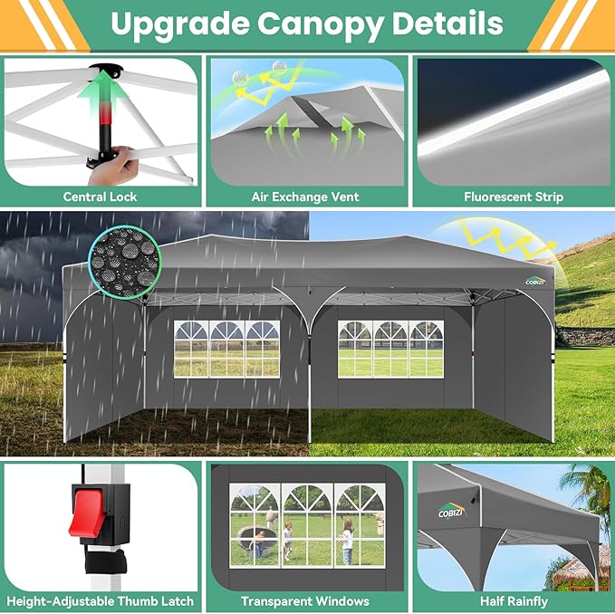 COBIZI 10x20 Pop Up Canopy Tent with 4 Sidewalls, Instant One-Push Setup, Commercial Canopy with Air Vent & Reflective Strip, UPF 50+ Waterproof Party Tent with Sandbags & Stakes for Events (Gray)