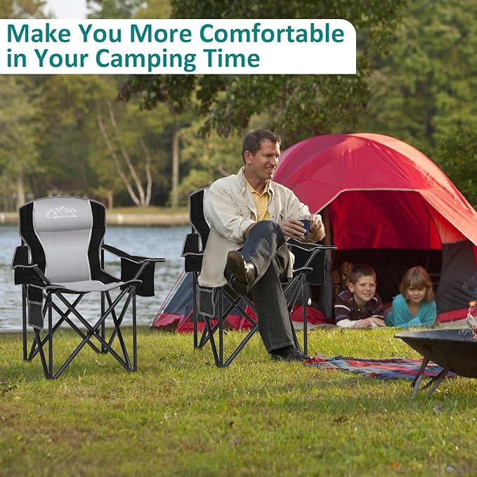 Camping Chair with Cooler Bag, Cup Holder, Storage Pocket, Heavy Duty 450lbs Capacity with Large Anti-Sink Feet, Portable Folding Padded Chair for Outdoor, Beach, Fishing, Sports, Black