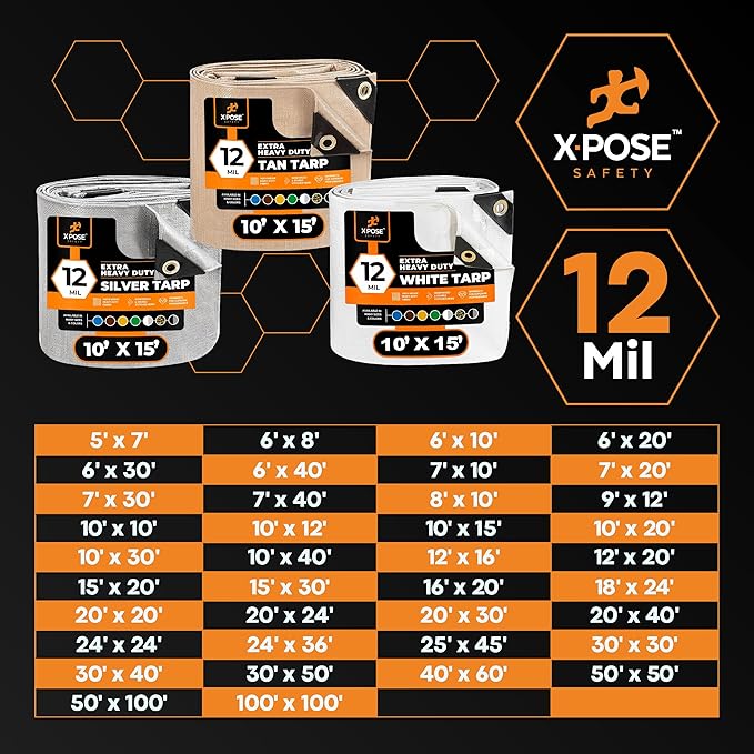 Heavy Duty White Poly Tarp 7' X 40' (2-Pack) - Multipurpose Protective Cover - Durable, Waterproof, Weather Proof, Rip and Tear Resistant - Extra Thick 12 Mil Polyethylene - by Xpose Safety