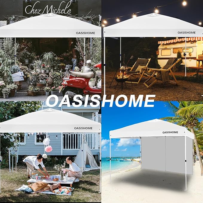OASISHOME Pop-up Portable Outdoor Canopy Tent 10'x10' Instant Gazebo, with 1 Sidewall, Carry Bag, Stakes, Ropes, for Outdoor/Beach/Patio/Wedding Parties and Commercial Events (10FTx10FT, White)