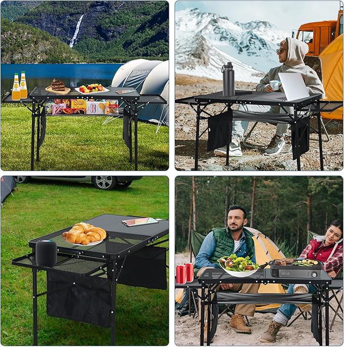 CDEN Camping Table, Grill Table, Folding Outdoor Table with Charging Station, Solar Panel, USB Type-C DC outlets, for Phone provided, 42W Output, 2 Side Shelves, mesh net, Cup Holder