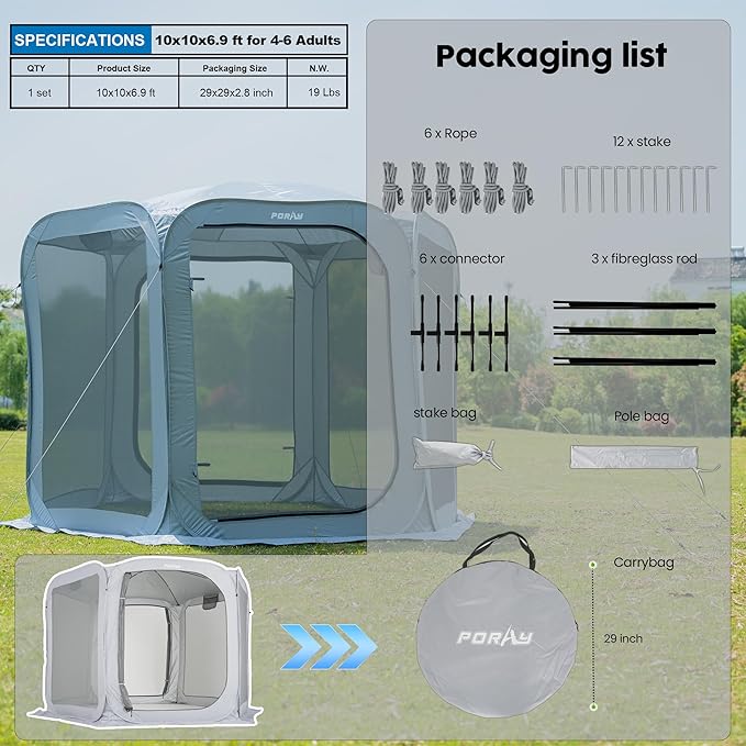 Poray Screen House Tent Pop Up Sun Shelter with Durable Mesh Zipper Doors,Portable Camping Tent 10 X 10 FT Screen Canopy Outdoor for Family Friends Party in Backyard,Park