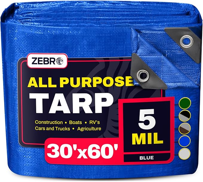 30' x 60' Blue Tarp with Grommets Reinforced - 5 Mil Thick - Durable UV Resistant Plastic Tarps Waterproof - Large Tarpaulin Cover for Outdoor Camping Over/Under Tent Tarp RV Roof Rain - Zebro