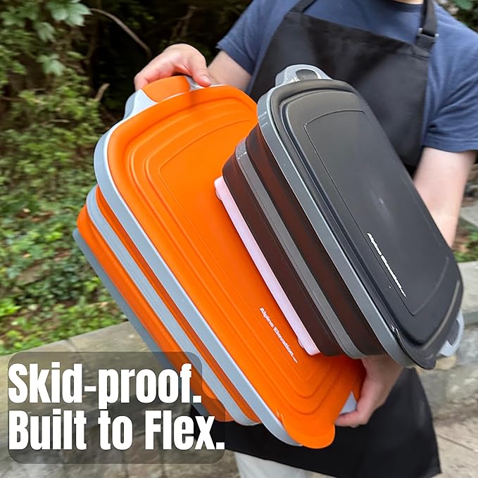 Collapsible X-Large (16L) BBQ Marinating Tub w/Cutting Board | Multipurpose Food-Grade TPE Prep Tub w/Lid | Built-In Colander & Drain Plug - For Camping | Tailgate | Picnic - Bold Orange