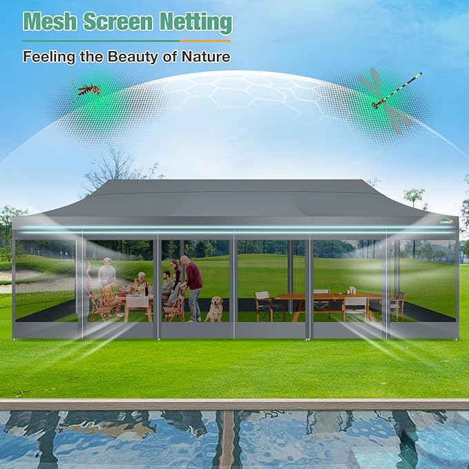 COBIZI 10x30 Canopy Tent, Heavy Duty Pop up Canopy with Sidewalls, Waterproof Easy Setup Canopy with Mosquito Netting, Outdoor Instant Screen Tents for Parties, Wedding with Roller Bag, Gray