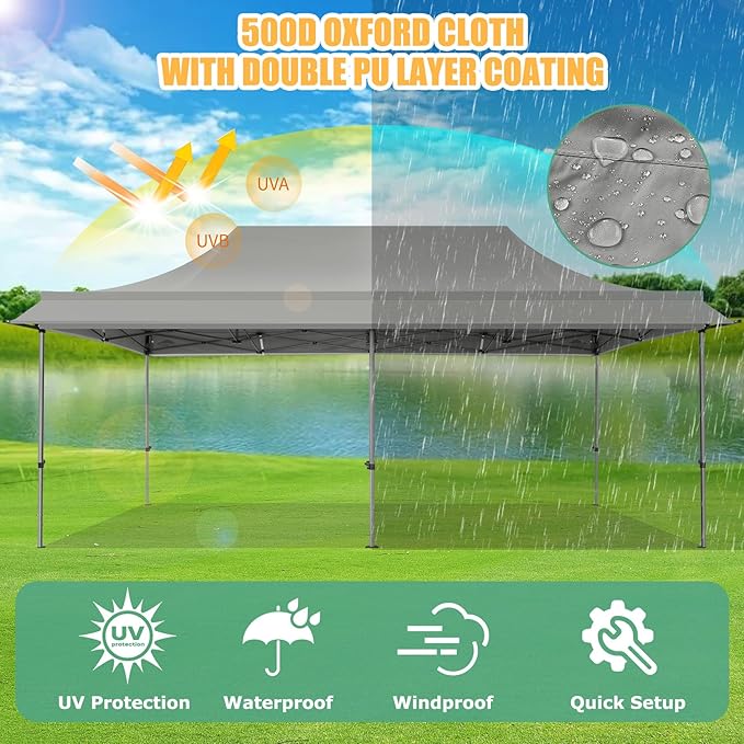 COBIZI 10x20 Pop Up Canopy Tent with Awning,Heavy Duty Canopy UPF 50+ All Season Wind Waterproof Commercial Outdoor Street Vendors Party Tents for Parties Canopy with Roller Bag(10 x 20 ft Gray)