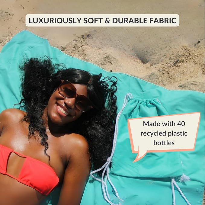 Plush Microfiber Beach Blanket, Large Beach Mat for 1-4 Persons, Sandproof, Windproof | Hole for Umbrella, Corner Sand Pockets to Fight Wind (Bag for Blanket Included)
