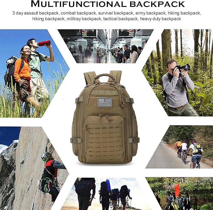 35L Tactical Backpack for Men Heavy Duty Military Backpack 3 Day Assault Pack Molle Backpack Hiking Rucksack (Tan)