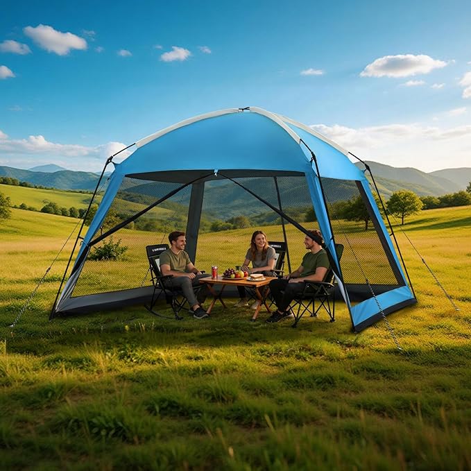 12 x 12 FT Camping Screen Tent for 8-10 Person, Easy Setup Screen House with UV 50+ Sun Protection & Mosquito Net for Camping, Backyard, Picnic, Patio Outdoor Blue