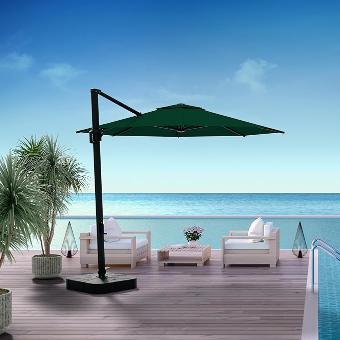 Midtown Umbrellas The Grande Round 10 FT Outdoor Cantilever Patio Umbrella w/Sunbrella Forest Green Acrylic Fabric - 8 Rib Aluminum Frame Offset w/Tilt And 360° Rotate Pedal System - Black Frame