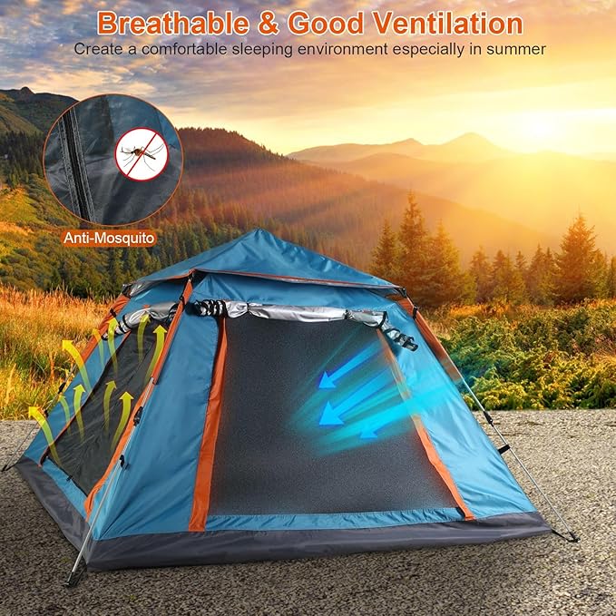 4-6 Person Pop-Up Camping Tent, Portable Instant Setup Family Tent with 2 Windows, for Hiking, Backpacking & Outdoor Adventures, Waterproof & Windproof
