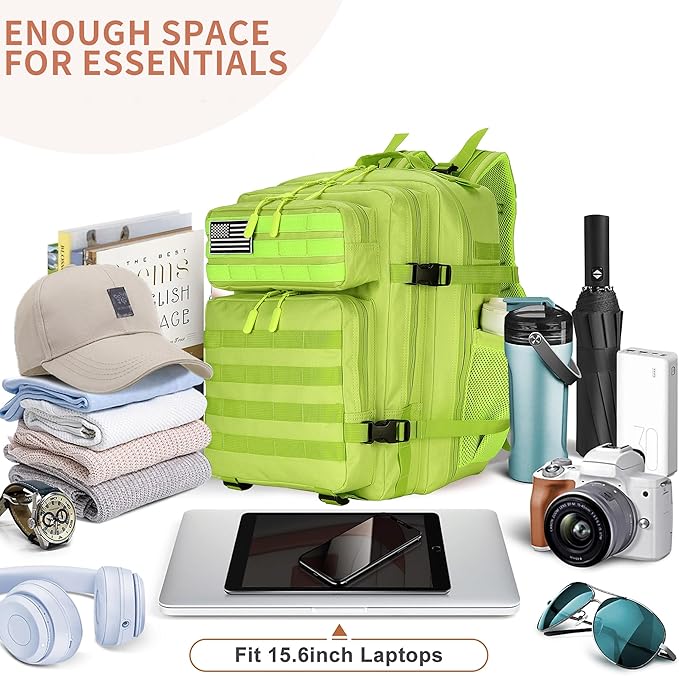 25L/45L Tactical Backpack Military Tactical Backpack Heavy Duty Molle Assault Pack for Work Gym Outdoors (1.0 25L-bright green, Small)