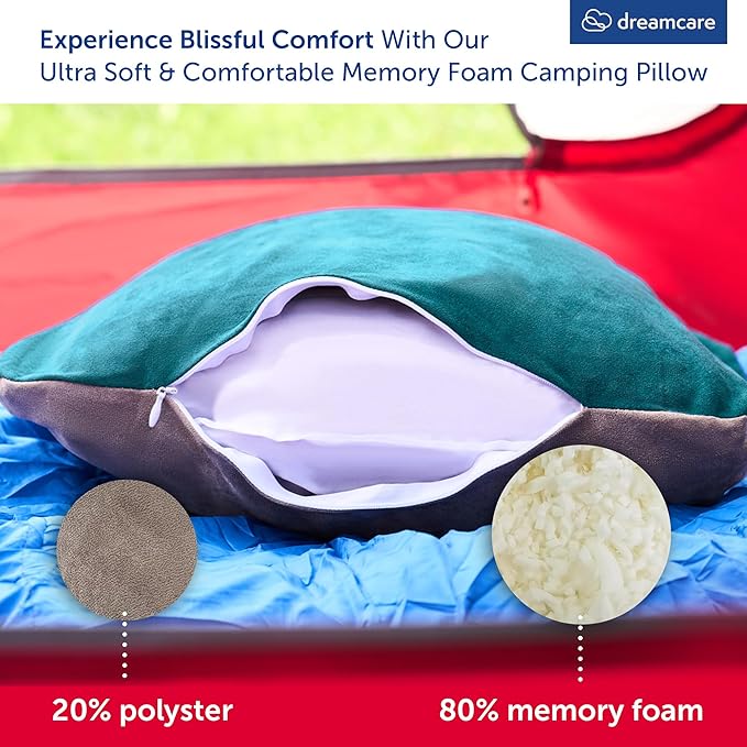 DREAMCARE Camping Pillow, Memory Foam Travel Pillow, Camping Accessories - Small Pillow Camping Essentials Camping Pillows for Sleeping, Backpacking Pillow, Travel Pillows for Sleeping (Medium,Green)