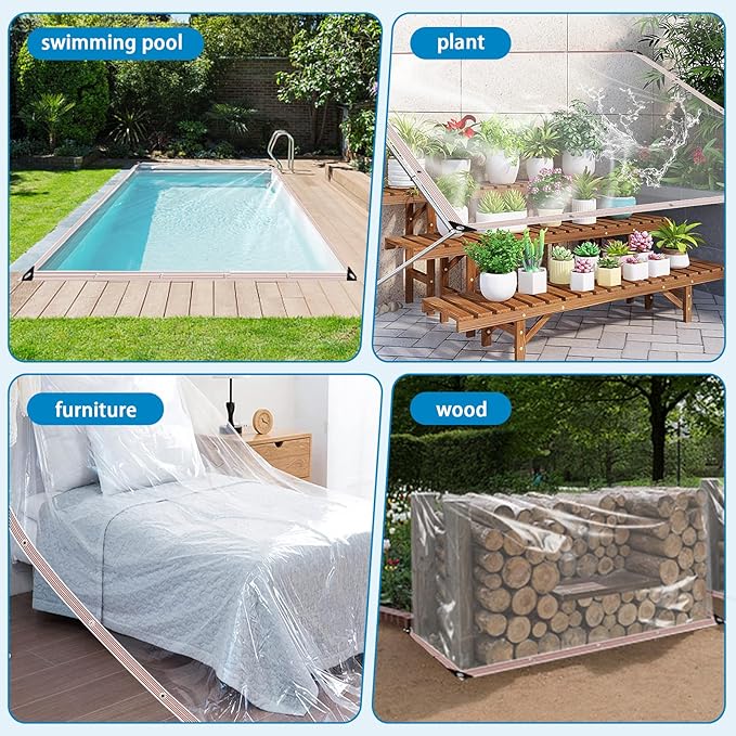 Clear Waterproof Tarp with Grommets 7x12ft,Heavy Duty Clear Vinyl Plastic Tarps for Winter Outdoor,Transparent Tarpaulin PVC Tarps Covering for Patio Henhouse Porch Canopy Plant Camping