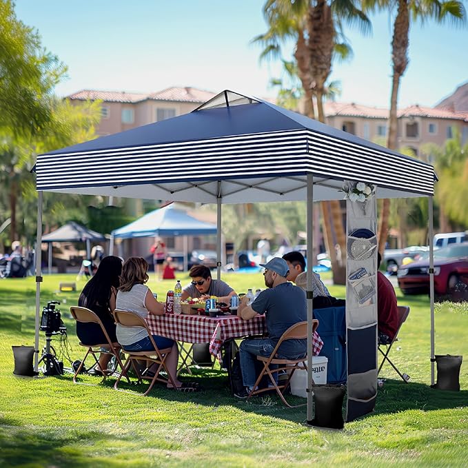 PHI VILLA 10’x10’ Pop Up Canopy Tent - One Push Setup, Instant Shade Tent with Vented Roof for Beach & Events - Includes Storage Bag, Sandbags, Stakes & Ropes (Navy Stripe)