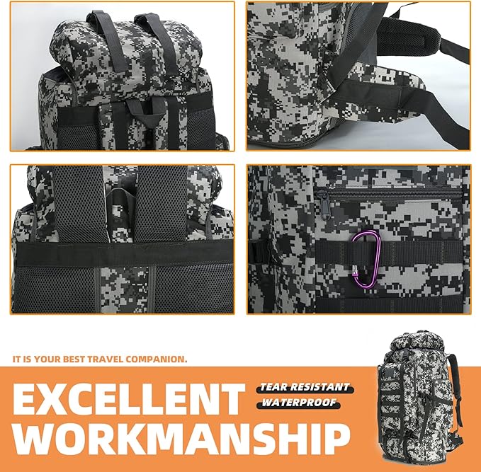 70L/100L Hiking Camping Backpack MOLLE Rucksack Waterproof Daypack for Traveling (City Camo)