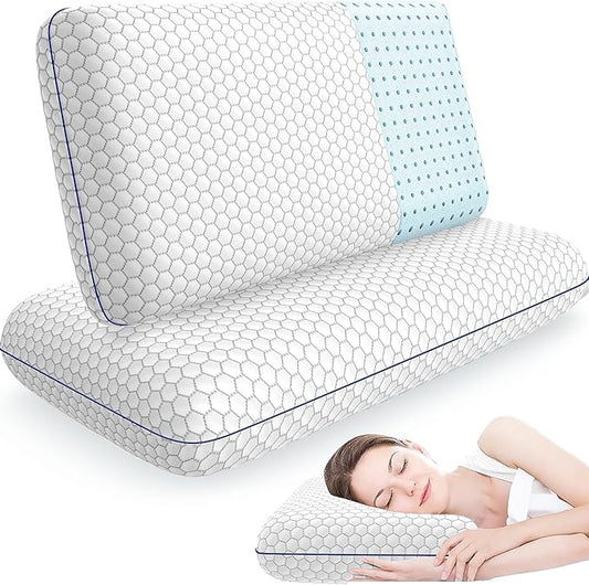 Memory Foam Pillows for Side, Back and Stomach Sleepers, Set of 2, Bed Pillow with Washable Cover and Breathable Mesh, Bed Pillow for Sleeping (Grey,Queen Size)