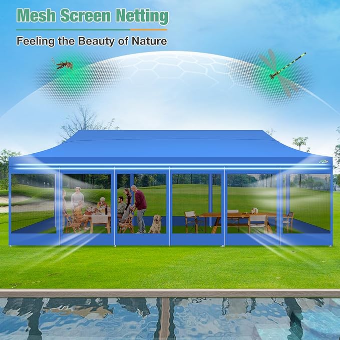 COBIZI 10x30 Canopy Tent, Heavy Duty Pop up Canopy with Sidewalls, Waterproof Easy Setup Canopy with Mosquito Netting, Outdoor Instant Screen Tents for Parties, Wedding with Roller Bag, Blue