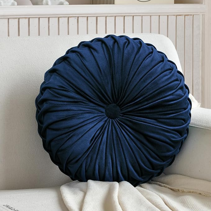 Round Throw Pillow Velvet Home Decoration Pleated Round Pillow Cushion for Couch Chair Bed Car (Navy Blue)