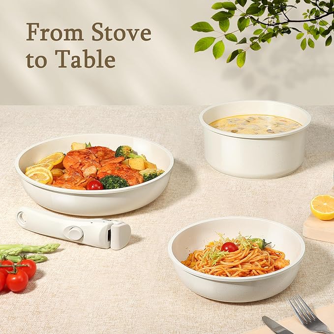 GiPP Ceramic Pots and Pans Set Non Stick, Nonstick Detachable Handle Cookware Sets, Healthy Non Toxic PFAS PFOA & PTFE Free, Dishwasher &Oven Safe, Induction Kitchen Pot and Pan, 8 Piece Cream