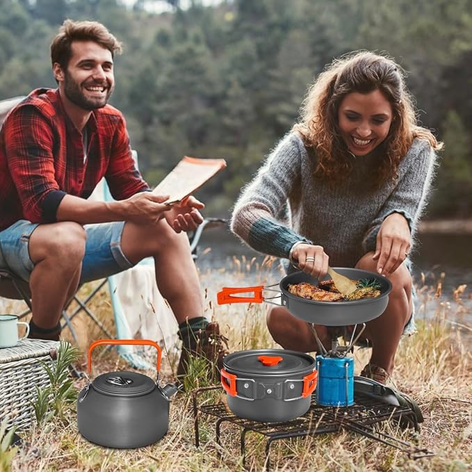 15pcs Camping Cookware, 1.7L Pot, 7inches Pan, 0.8L Kettle Set with Plates Stainless Steel Forks Knives Spoons Camping Cookware Mess Kit for Hiking,Camping,Backpacking,Outdoor Cooking