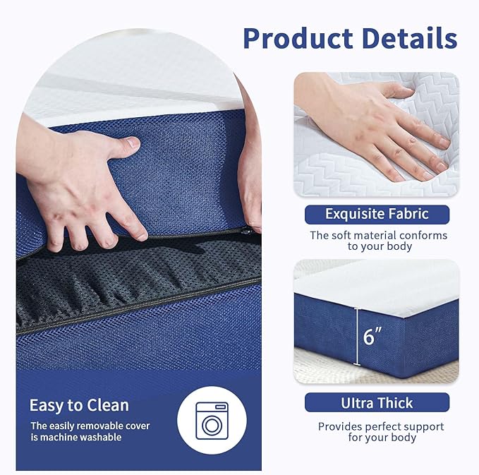 Folding Mattress Twin, 6 Inch Memory Foam Tri-Fold Floor Bed and Futon , Twin Topper with Breathable & Washable Cover, Supportive Foldable Mattress for Guest Bed, Office Nap,Camping, (38" x 75" x 6")
