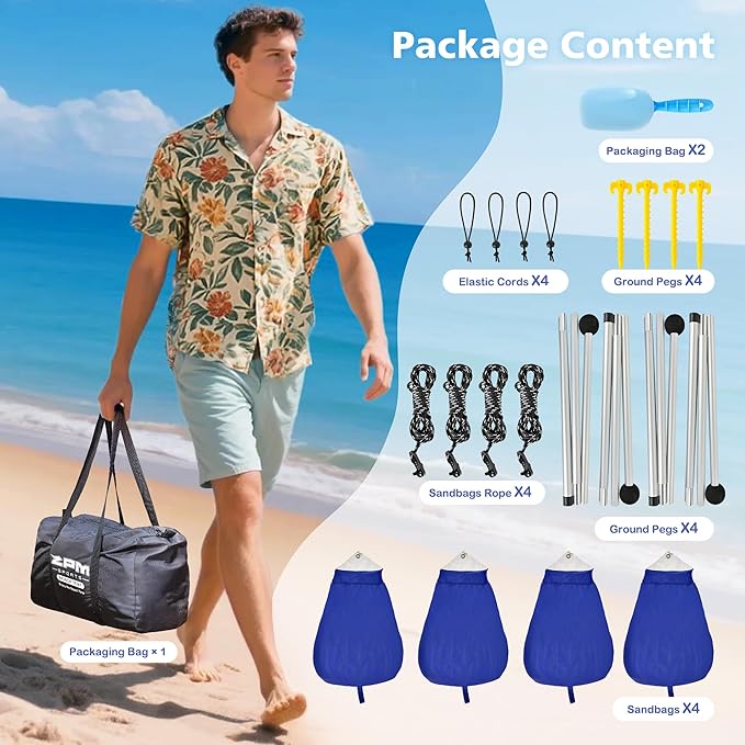 2PM SPORTS Beach Tent Canopy with UPF50+ UV Protection, Outdoor Large Beach Sun Shade Shelter for Family Picnic Camping Travel Shore Fishing, 8 Sandbags, Sand Shovel (Striped Blue, 8x8 FT)
