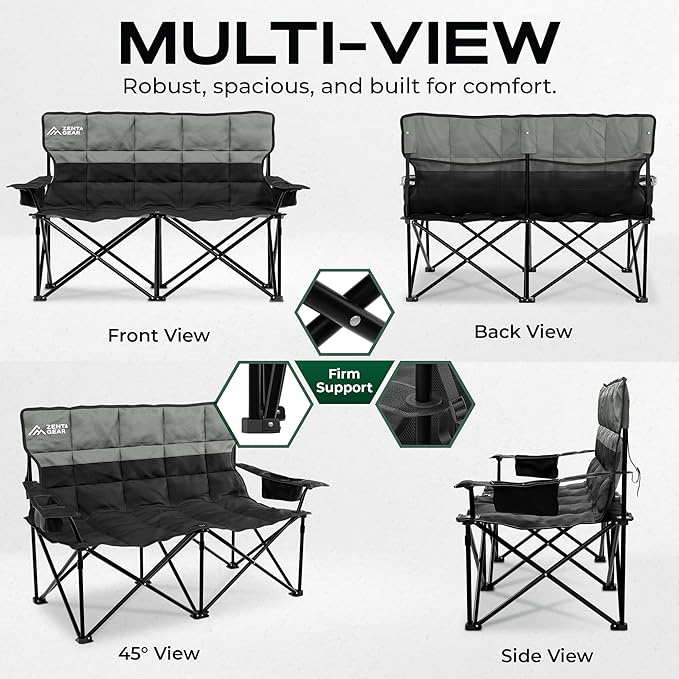 Oversized Fully Padded Double Camping Chair, Portable Folding Loveseat w/Side & Back Pockets, Adjustable Armrests, Double-Sized Cup Holders for Outdoor, Indoor, Supports 530LBS (Black)