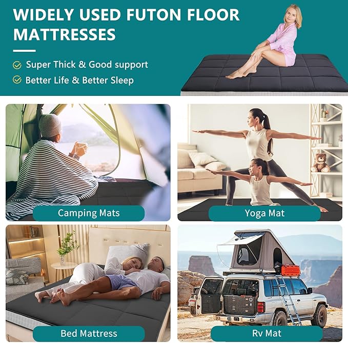SUNYRISY Japanese Floor Futon Mattress Foldable & Portable Tatami Mat Sleeping Pad Roll Up Bed Topper for Guest Lounger, Queen, Black