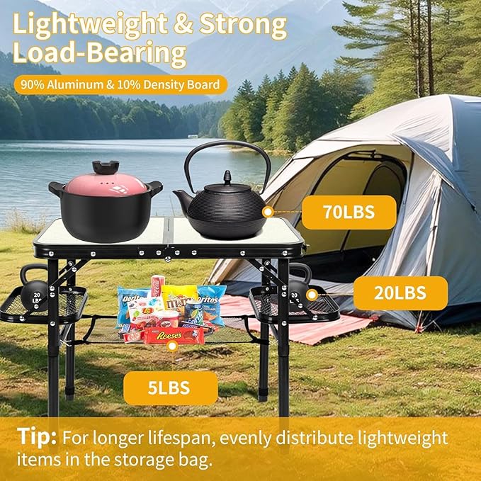 Folding Camping Table Outdoor Indoor Picnic BBQ Aluminum Lightweight Tall Camping Table 3-Height Adjustable 25in Max 50 Extra Space with Carry Handle & Mesh Pocket Small Foldable Table