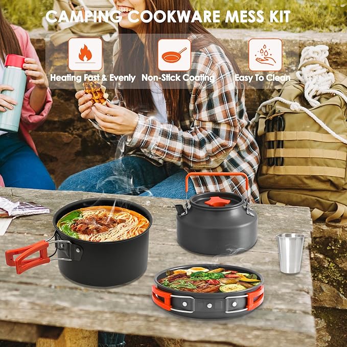 Camping Cookware Mess Kit, Non-Stick Lightweight Camping Pots and Pans with Kettle, Stainless Steel Cups Plates Forks Knives Spoons for Backpacking, Hiking, Outdoor Cooking