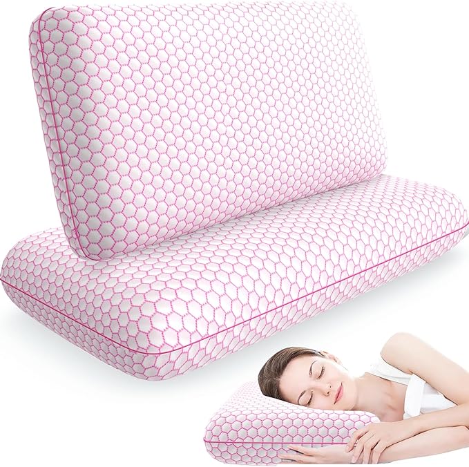 Memory Foam Pillows for Side, Back and Stomach Sleepers, Set of 2, Bed Pillow with Washable Cover and Breathable Mesh, Bed Pillow for Sleeping (Pink,Queen Size)